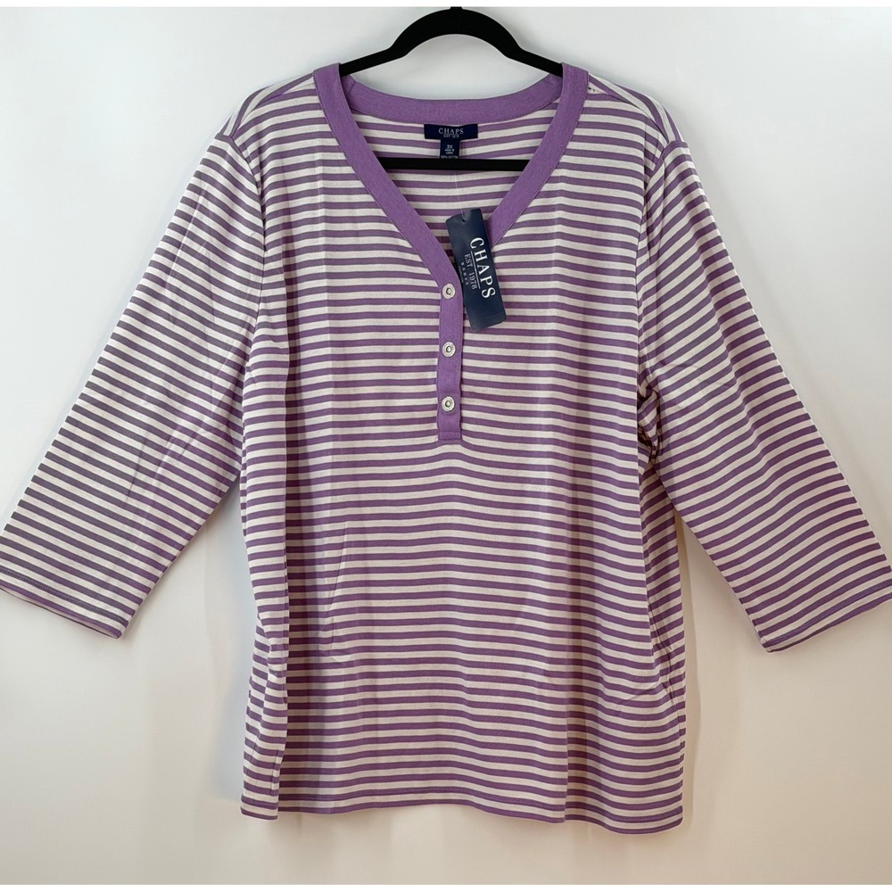 Chaps Boho Tunic Womens 3X Purple White Striped 3/4 Sleeve Y2K Preppy - Picture 2 of 13